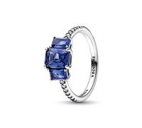 Pandora Timeless Blue Rectangular Three Stone Sparkling ring with princess blue crystal and clear cubic zirconia, 58
