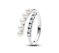 Pandora Timeless Sterling silver open ring with white treated freshwater cultured pearl and clear cubic zirconia, 56
