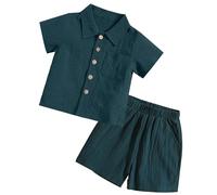 Panegy 2Pcs Newborn Baby Boys Clothes Short Sleeve Button Down Shirts Shorts Set Solid Linen Cotton Pole T-Shirts with Shorts Toddler Summer Outfits Green 18-24 Months