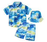 Panegy Boys Hawaiian Shirt and Short Set Button Down Tops Swim Trunks with Sun Hat Blouse Shorts Outfit Printed Beachwear Tropical Tee Shorts Blue Coco 11-12 Years