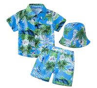 Panegy Boys Summer Clothes Summer Top Beach Set with Hat Short Sleeve Tee with Elastic Waist Short Sets Kids T-Shirt Trunks Hawaiian Beachwear Green Coco 11-12 Years