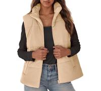Panegy Corduroy Puffer Vest Gilet for Women Stand Collar Zip Up Bodywarmer with Pockets Sleeveless Coat Padded Fall Winter Waistcoat Khaki L