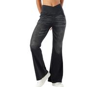 Panegy Crossover Bootcut Leggings for Women Stretchy High Waist Bell Bottoms Flared Washed Denim Pants Casual Skinny Yoga Jeans Grey L