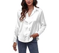 Panegy Ladies' Satin Shirts V Neck Blouse Shiny Silk Like Tops Casual Elegant Lapel Shirts for Women Long Sleeve Shirt for Office Work Business Wedding Party White XL