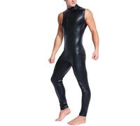 Panegy Men's Faux PU Leather Jumpsuit Shiny Leather Bodysuit Pole Dance Leotard Adult Onesie Singlet, Sleeveless Turtleneck Jumpsuit Black, 3XL