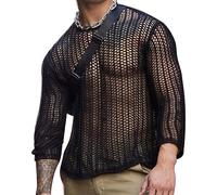 Panegy Men's Mesh Fishnet See Through Long Sleeve T-Shirt Sexy Mesh Top Clubwear Men's Cut Out Long Sleeve Tops Black2 Label Size M=UK S