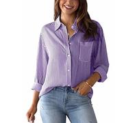 Panegy Striped Linen Blouse Women’s Long Sleeve Button Placket Tops V-Neck Shirt Blouse Tunic Long Shirt Large Sizes Linen Tops T-Shirt Loose Elegant Pullover Blouse Purple XXL