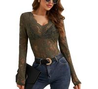 Panegy Women’s Sexy Mesh Top V Neck Low Cut Floral Embroidery Blouse Elegant Long Sleeve Clubwear Blouse Ladies See Through Lace Slim T Shirts Green S