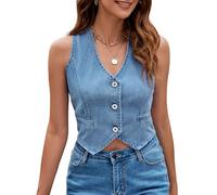 Panegy Women’s Vintage Denim Jean Vest Sleeveless V Neck Crop Waistcoat Classic Ripped Washed Gilet Casual Button Up Short Jacket Tops Light Blue XL