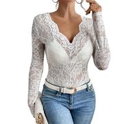 Panegy Women Y2K Lace Long Sleeve Crop Tops See Through Tunic Slim T Shirt Slim Low Cut Shirt Going Out Blouse V Neck Elegant Sexy Floral Shirts White L