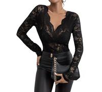 Panegy Women Y2K Lace Long Sleeve Crop Tops Slim Low Cut Shirt Going Out Blouse See Through Tunic Slim T Shirt V Neck Elegant Sexy Floral Shirts Black L