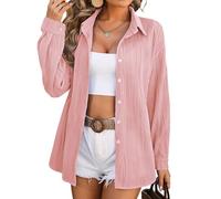 Panegy Womens Blouses Casual Stretch Long Sleeve Dress Shirt V Neck Button Down Plain Shirts Ladies Oversized Wave Textured Work Office Tops Pink XL