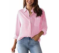 Panegy Womens Summer Blouses Casual Striped V Neck Tunic Tops Roll up Long Sleeve Button Down Shirts Stylish Tunic Linen Shirt Tops Office Work Blouses Basic Shirts Pink XXL