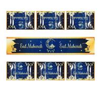 Panelee 7 Pcs Eid Mubarak Table Runner and Placemats Set Blue Gold Eid Mubarak Table Runner Golden Moon Star Ramadan Mubarak Polyester Table Cloth Eid Mubarak Placemats Table Mat for Muslim Home Party
