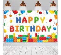 Panelee Building Block Birthday Banner Building Blocks Party Backdrop Decoration Happy Birthday Banner Photography Background for Party, 72.8 x 43.3 Inch(White)