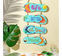Panelee Wooden Beach Wall Hanging Decor Sign Beach Decorations for Bathroom Flip Flop Wall Decorations Summer Ocean Sign for Home Spring Summer Tropical Coastal(Pool)
