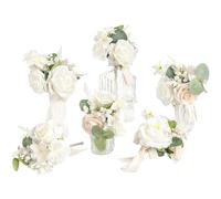 PANGBOER 6Pcs Wedding Bouquets with Ribbon for Bridals and Bridesmaid Realistic Artificial Rose Flower Bouquets Photography Tool Wedding Arrangement Silk Flower