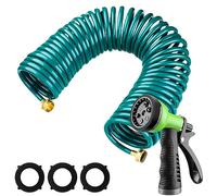 Pangda 25 Ft x 3/8'' Coil Garden Hose EVA Recoil Garden Self Coiling Expanding Water Hose with 6 Function Spray Nozzle Universal 3/4'' Brass Connector Fitting for Outdoor Yard(Green)