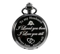 Pangda Men's Quartz Pocket Watch - Engraved 'To my Husband...' - Black Dial & Case - Valentine's, Anniversary, Birthday Gift
