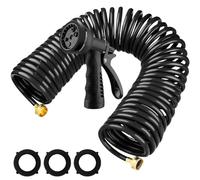 Pangda x 3/8'' Coil Garden Hose EVA Recoil Garden Self Coiling Expanding Water Hose with 6 Function Spray Nozzle Universal 3/4'' Brass Connector Fitting for Outdoor Yard(Black,100 ft)