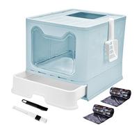 Panghuhu88 Foldable Cat Litter Box with Lid, Large Top Entry Cat Toilet, Enclosed Cats Potty with Litter Scoop, Drawer Type Easy Clean Cats Litter Pan(Blue)