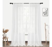PANGSINNE Long Farmhouse Linen Sheer Curtains for Living Room, Flax Linen Light Filtering Back Tab White Drapes for Bedroom, Boho Curtains Patio Stunning Urban for Large Window 9 FT Tall