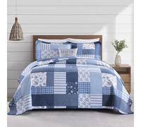 PANGUSHAN 100% Cotton Queen Quilt Bedding Set, Quilt Queen Size, Floral Patchwork Quilted Bedspread, Lightweight Comforter Queen Bed Spread for All Season, 3pcs, Blue/White
