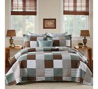 PANGUSHAN 100% Cotton Quilt Set King Size, Patchwork Plaid King Quilt Bedding Set Bedspreads, Farmhouse Lightweight Comforter Reversible Quilt, Brown/Green Bed Spread for King Bed, 3 Pieces