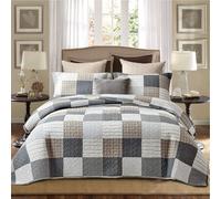 PANGUSHAN 100% Cotton Quilt Set Queen Size Patchwork Plaid Bedding Set Bedspreads Farmhouse Lightweight Comforter Grey/Gray/Black/Tan/White/Cream Reve