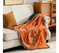 PANGUSHAN Orange Boho Throw Blanket, 100% Cotton Reversible Bohemian Blanket for Couch, Soft Floral Throw Blanket for Sofa Bed Chair, Farmhouse Cozy Lightweight Blanket for All Season, 50"x80"