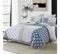 PANGUSHAN Quilt Set King Size, 100% Cotton Bedspread Quilt Bedding Set, Patchwork Reversible Floral Quilt for King Bed, Blue/Grey/White Bed Spread, Lightweight Comforter for All Season, 3 Pieces