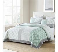 PANGUSHAN Quilt Set King Size, 100% Cotton Bedspread Quilt Bedding Set, Patchwork Reversible Floral Quilt for King Bed, Green/Grey/White Bed Spread, Lightweight Comforter for All Season, 3 Pieces