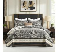 PANGUSHAN Quilt Set King Size - 100% Cotton King Comforter Set, Botanical Farmhouse Bedspread with 2 Pillow Shams, Floral Reversible Lightweight Bedding, King Bed Spread for All Season, Charcoal