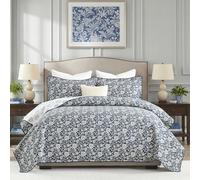 PANGUSHAN Quilt Set King Size - 100% Cotton King Comforter Set, Farmhouse Bedspread with 2 Pillow Shams, Floral Reversible Lightweight Bedding, King Bed Spread for All Season, 3pcs, Deep Blue