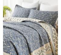 PANGUSHAN Quilt Set King Size - 100% Cotton King Comforter Set, Floral Vintage Bedspread with 2 Pillow Shams, Reversible Lightweight Bedding, King Bed Spread for All Season, Grayish-Blue/Beige