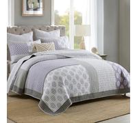 PANGUSHAN Quilt Set Queen Size, 100% Cotton Bedspread Quilt Bedding Set, Patchwork Reversible Floral Quilt for Queen Bed, Purple/Grey/White Bed Spread, Lightweight Comforter for All Season, 3 Pieces