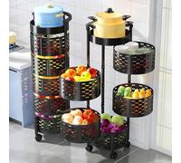 Pangutiandi 5-Tier 360° Rotating Metal Storage Rack with Swivel Wheels & Removable Top Lid - Round Fruit & Vegetable Organizer Basket for Kitchen, Living Room