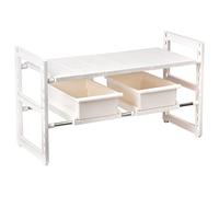 Pangutiandi Expandable Under Sink Organizer, Adjustable Shelf Organizer ((42-72)*27.5 * 39.5cm) Multifunctional Storage Rack with 6 Removable Panels and 2 Drawers for Kitchen Bathroom White