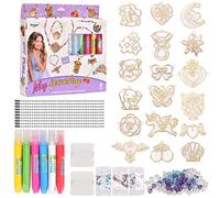 Pangutiandi Girls Jewellery Making Kit, DIY Necklace Pendant and Bracelet Crafting Set, 18 Pendant Trays 6 Colors DIY Painting Handicraft Sets for Boys Girls from 4 Years