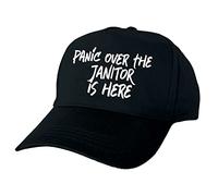 Panic Over The Janitor is Here Hand Printed Black Baseball Cap