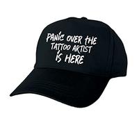 Panic Over The Tattoo Artist is Here Hand Printed Black Baseball Cap