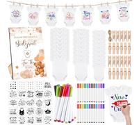 Panitay 126 Pieces Baby Shower Bodysuit Set, DIY Bibs, 25 Blank White Newborn Bodysuits, 25 Stencils, 24 Markers, 1 Sign, 50 Needles (Bear)