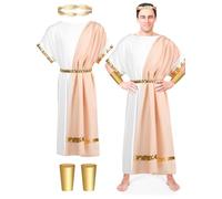 Panitay 4 Pcs Men Greek Costume Set Adult Classic Toga Cosplay Roman Costume with Belt Gold Crown and Wristband, White and Gold, XL