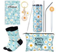Panitay 6 Pcs Daisy Gifts Set for Women Daisy Flower Themed Stainless Steel Tumbler 20 Ounce with Straw and Brush Socks Cosmetic Bag Notebook Pen Keychain for Women Birthday Party Supplies