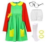 Panitay 7 Pcs Women's Halloween Costume Outfits Green Dress Red Knit Cardigan Shorts Glasses Socks Hair Tie for Cosplay(XXL)