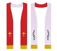 Panitay Embroidered Wedding Reversible Stole with Tassels Clergy Mass Stole with Cross Wedding Pastor Shawl, Red and White, One size