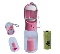 PANJAL Portable Dog Water Bottle 600ml, 4 in1 Multi Function Leak Proof BPA-Free Poo Bag Dispenser Snack Compartment Carbon Filter - Outdoor Walking Hiking Travel - Pink