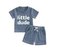 PanLidapan Infant Baby Boy Clothes Set Summer Outfit Little Dude Print Short Sleeve T-Shirt Elastic Waist Drawstring Shorts Casual Knit Outfit (Blue, 2-3 Years)