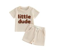 PanLidapan Infant Baby Boy Clothes Set Summer Outfit Little Dude Print Short Sleeve T-Shirt Elastic Waist Drawstring Shorts Casual Knit Outfit (Apricot, 0-6 Months)