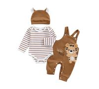PanLidapan Infant Newborn Baby Boys 3Pcs Outfit Cute Baby Clothes Long Sleeve Striped Romper Animal Embroidery Overalls Hat 0 18 Months Spring Fall (Brown, 6-9 Months)